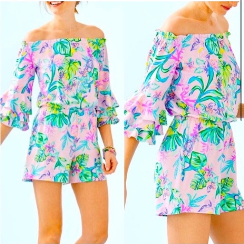 Lilly Pulitzer Calla Amethyst Mermaid
Off the Shoulder Romper.